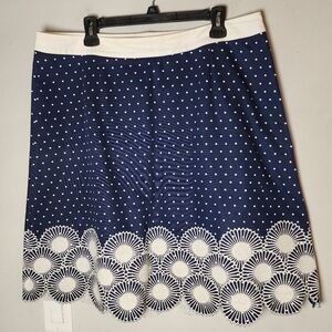 Talbots 14L Embroidered Hem Cotton Twill Navy Blue White Polka Knee Length Skirt